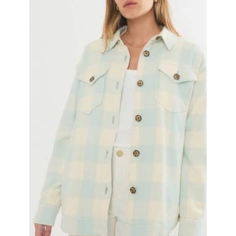 Marine Layer Women Light Blue Cream Plaid Knit Shacket Shirt Jacket Small 16162